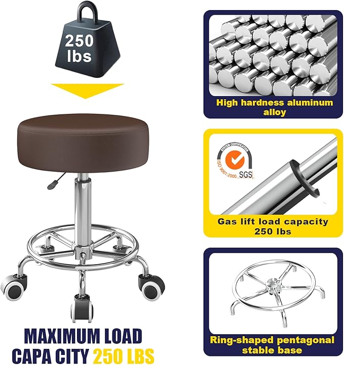 Rolling Stool, Heavy Weight Capacity 250lb, PU Leather Rolling stools, Ultra Soft Padded Seat, Rolling Stools with Wheels and Footrest, 360° Swivel, Spa Drawing Salon Work Office Tattoo Stool (Brown) YEEZEE