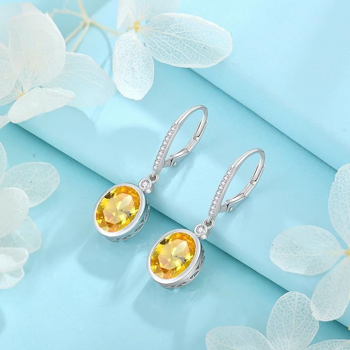 FJ Oval Cut Dangle Drop Earrings 925 Sterling Silver Leverback Earrings Birthstone Jewelry Gifts for Women FJ