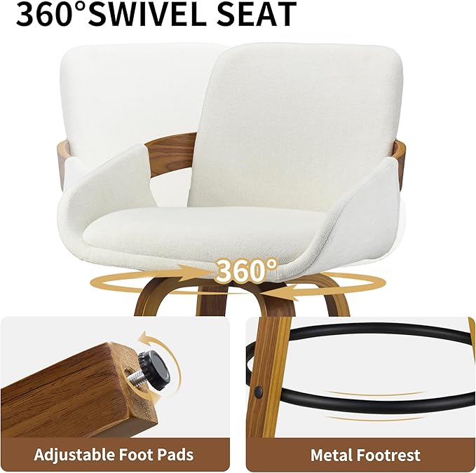 Beige Fabric Swivel Bar Stools with Back, Walnut Bentwood Mid-Century Design, Modern Set of 3 Bar Chairs with Curved Back and 360° Swivel, Ideal for Home Bars, Kitchens, Dining Spaces VipDesk