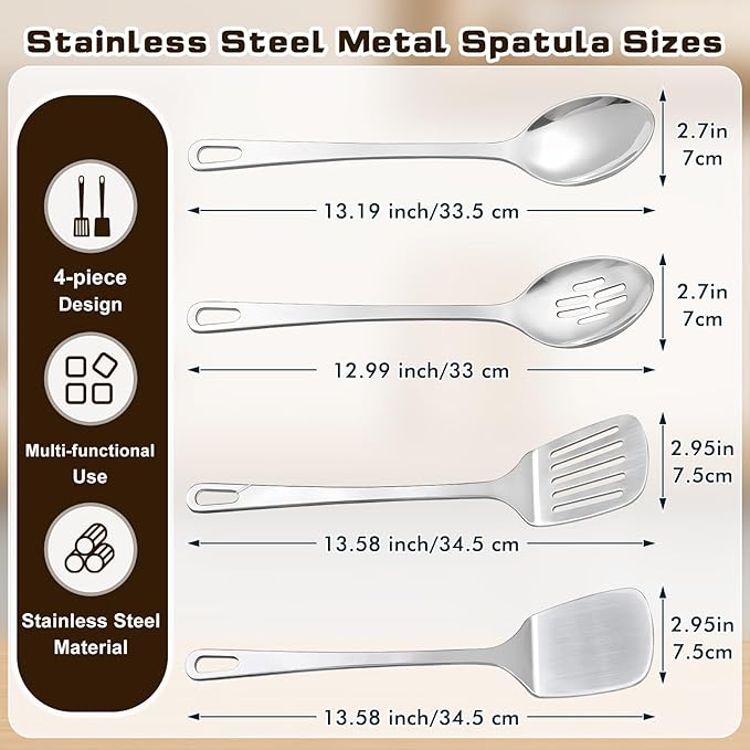 4 Pcs Cooking Utensils Set, Stainless Steel Kitchen Utensils, Heat Resistant Metal Kitchen Tools Include Solid & Slotted Turner Wok Spatula, Serving Spoon, Ergonomic Handle, Easy to Clean, Silver Kick Boosters