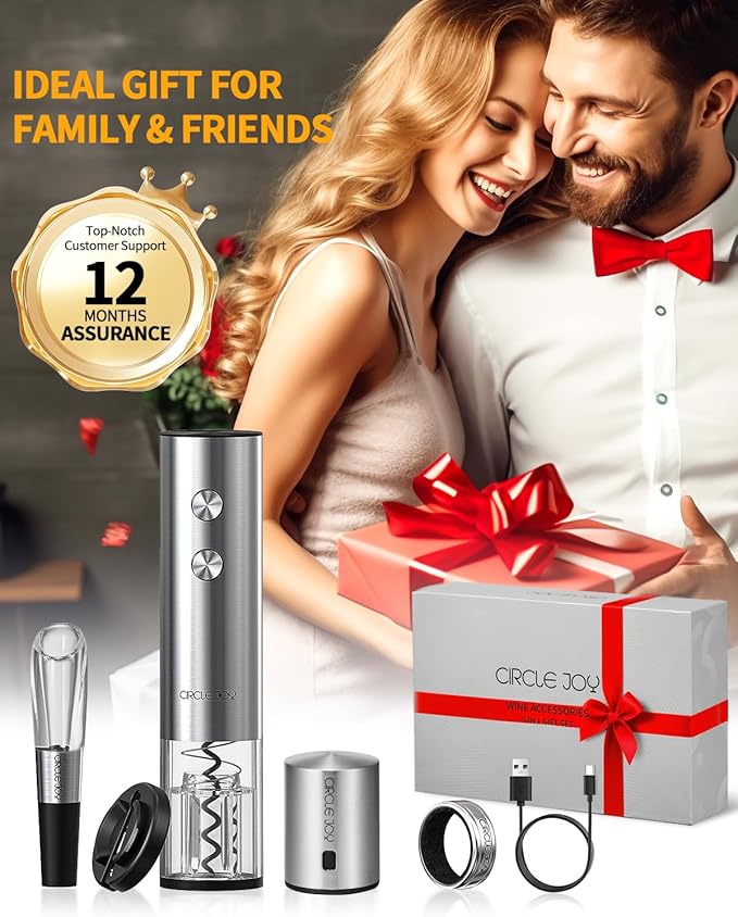 CIRCLE JOY Electric Wine Opener Rechargeable 5-in-1 Stainless Steel Wine Bottle Opener Premium Gift Set with Foil Cutter, Wine Aerator Pourer, Wine Drip Ring & Vacuum Stopper for Wine Lovers CIRCLEJOY