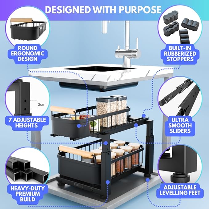 Premium Heavy Duty Carbon Steel Under Sink Organizer, 2 Tier Pull Out Cabinet Organizer, 7 Adjustable Heights with Smooth Ball Bearing Sliding Baskets for Bathroom & Kitchen HTHGoods