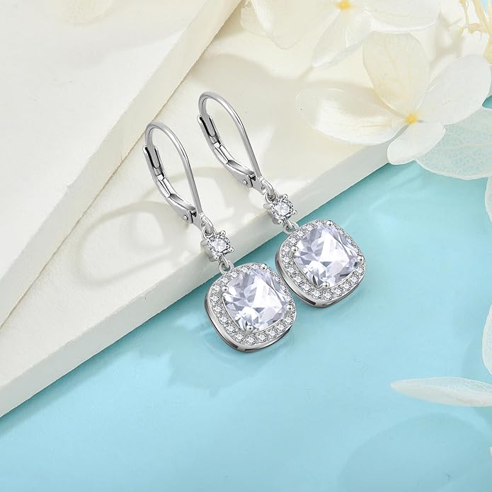Women Leverback Earrings 925 Sterling Silver Princess Cut Halo Earrings Birthstone Dangle Drop Earrings for Women Her Mom Wife INPASNE