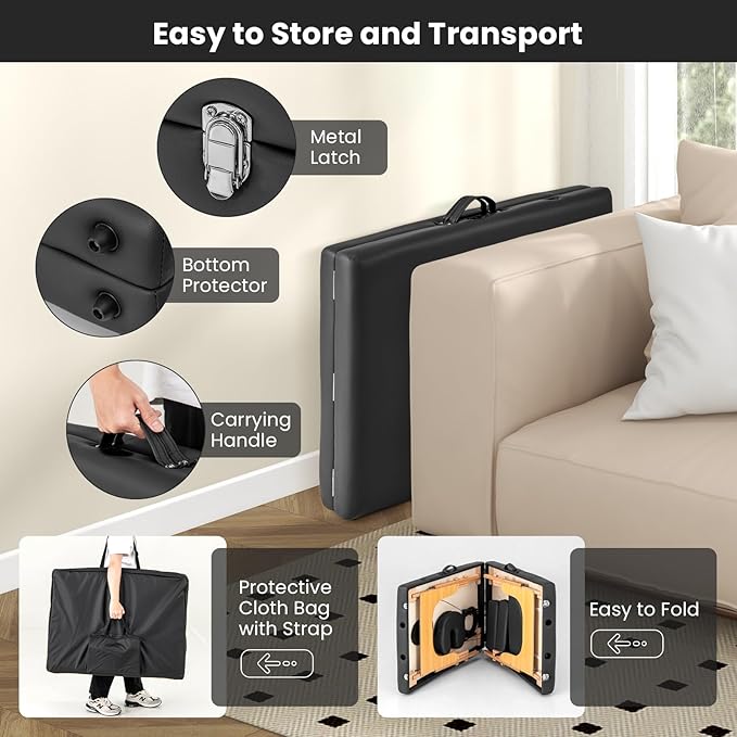 Giantex Massage Table, Portable Massage Bed w/Carrying Case, 2-Section Salon Spa Facial Care Tattoo Bed, Height Adjustable, Wood Frame, Professional Massage Lash Bed for Eyelash Extension (Black) Giantex