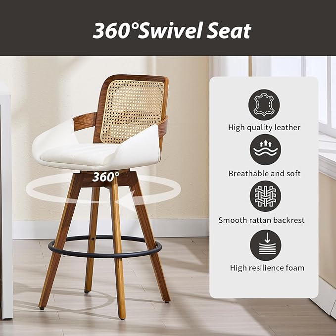 Swivel Bar Stools Set of 2, Faux Leather Counter Height Bar Stools with Arms and Rattan Back, 26" Seat Height Upholstered Bar Chairs with Bentwood Frame for Kitchen Island Bar - Beige VipDesk