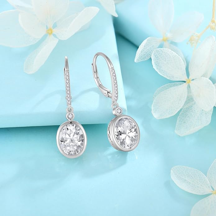 FJ Oval Cut Dangle Drop Earrings 925 Sterling Silver Leverback Earrings Birthstone Jewelry Gifts for Women FJ