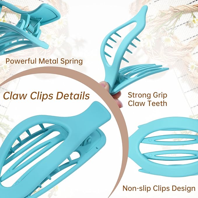 French Flat Hair Clips for Women - 6Pcs Flat Hair Claws for Thin Thick Hair Strong Hold No Slip Grip Hair Claw Clips for Women Girls (Flower (Blue)) AWAYTR
