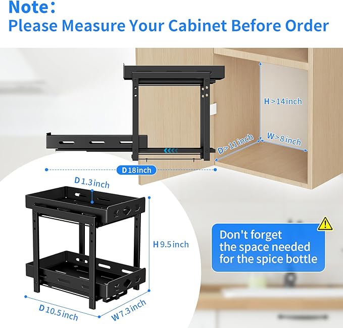 Pull Out Spice Racks for Inside Cabinets, 2-Tier Cabinet Spice Rack Organizer, Height Adjustable Vertical Spice Rack for Kitchen Cabinet (7.5''Wx10.8''Dx9.2''H, Metal Black) BOIVSHI