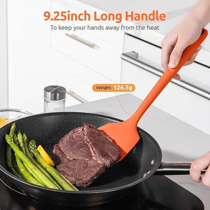 600ºF Heat Resistant Silicone Turners: U-Taste 13.6in Long Solid & Slotted Kitchen Spatula Flipper, Large Flexible Cooking Utensil for Flipping Egg, Pancake in Nonstick Cookware(Orange, 2PCS) U-Taste