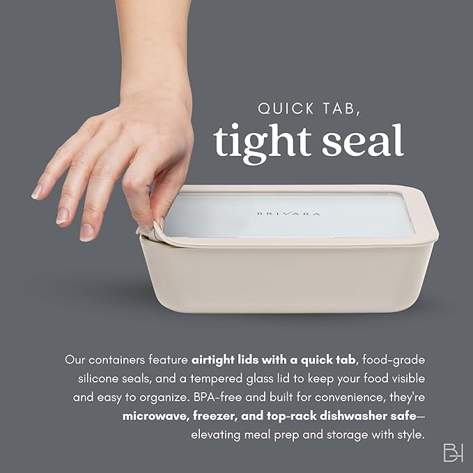 Ceramic Coated Glass Food Storage Container | No PTFE, PFOA, PFAS, and BPA | Reusable Non Toxic Meal Prep Container with Glass Lid | Easy To Store | 6 Piece Food Prep [Crema] BrivaraHome