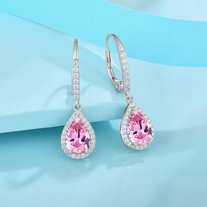 FJ Teardrop Dangle Drop Earrings 925 Sterling Silver Halo Leverback Earrings Birthstone Jewelry Gifts for Women FJ
