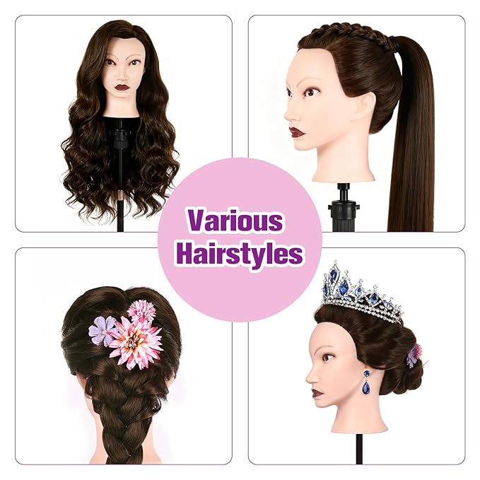26" Mannequin Head Human Hair, Cosmetology Mannequin Head with 80% Human Hair, Practice Training Doll Head with Clamp Holder and Tools (Dark Brown) MYSWEETY
