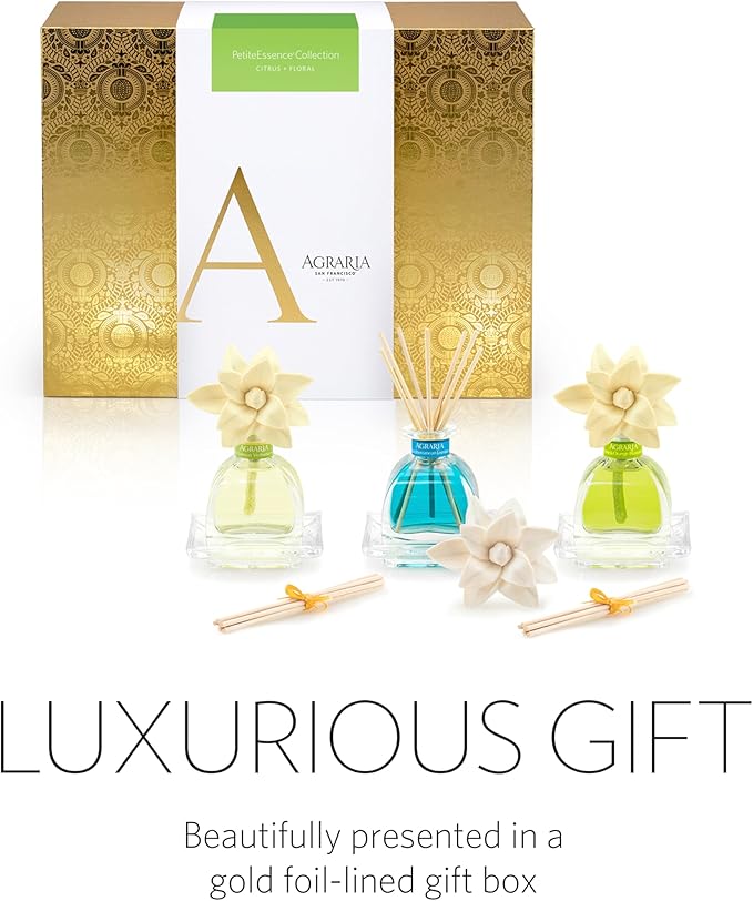 AGRARIA Citrus & Floral PetiteEssence Collection, Handmade Sola Flower Reed Diffuser Set of 3, Luxury Home Fragrance Scented Oil Diffuser Gift Set AgrariaHome
