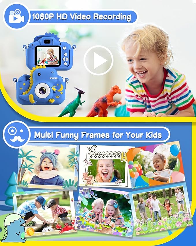 Kids Camera, Dinosaur Toddler Digital Camera for Boys Girls, Christmas Birthday Gifts, Selfie 1080P Camera for 3 4 5 6 7 8 9 Years Old Toys Dark Blue GREENKINDERKidsCamera