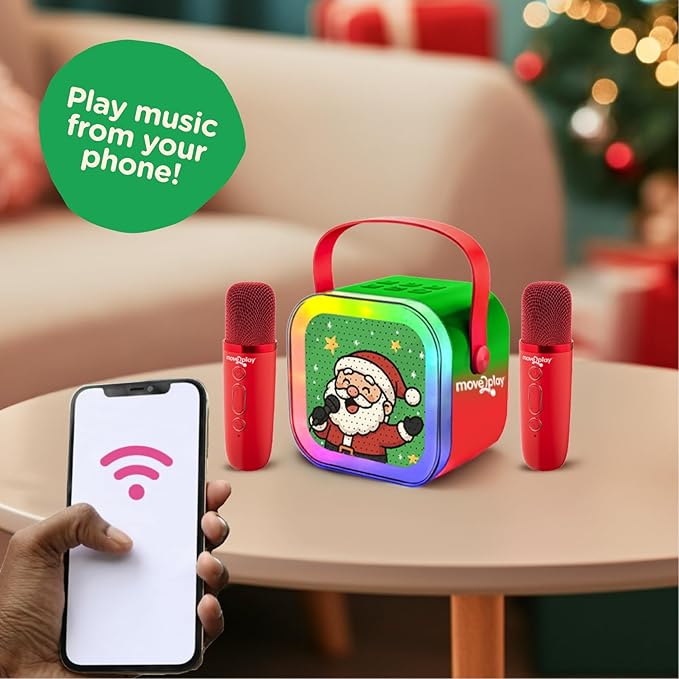 Move2Play, Christmas Karaoke Machine | Includes 8 Christmas Songs | Includes 2 Microphones | Bluetooth Wireless Music Player | Holiday Toy for Girls & Boys | Stocking Stuffer Idea Move2Play