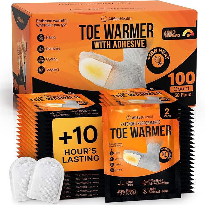 Toe Warmers for Feet – 50 Pairs (100 Warmers) | 10+ Hour Self-Adhesive Feet Warmers, Foot Warmers Bulk, Ultra-Thin Disposable Heat Pads for Shoes & Boots AllSettHealth