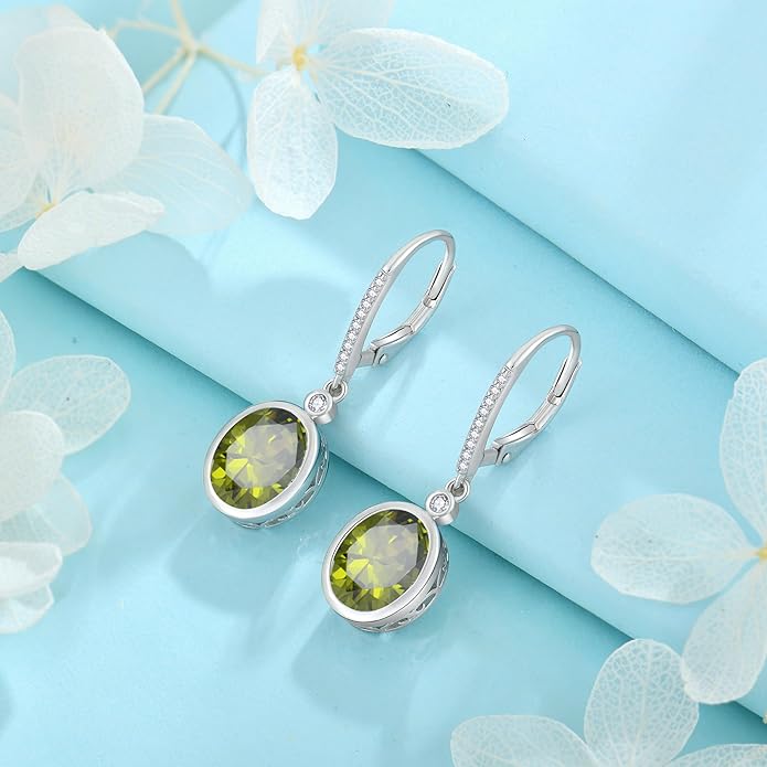 FJ Oval Cut Dangle Drop Earrings 925 Sterling Silver Leverback Earrings Birthstone Jewelry Gifts for Women FJ