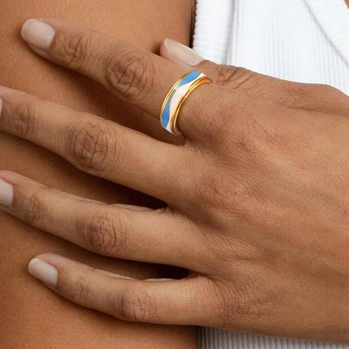 OreilleStar Fidget Anxiety Relief Ring for Women: Blue Sky and White Cloud Stripes Outer Band Fidget Toys Adults Stainless Steel Spinner Thumb Rings for Men Silver Gold Plated Size 5-10