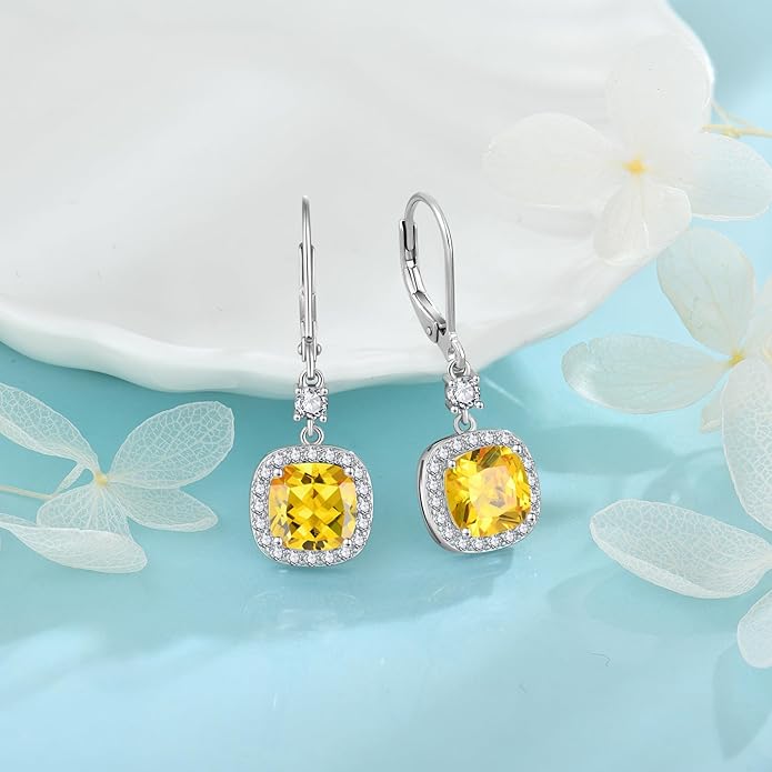 Women Leverback Earrings 925 Sterling Silver Princess Cut Halo Earrings Birthstone Dangle Drop Earrings for Women Her Mom Wife INPASNE