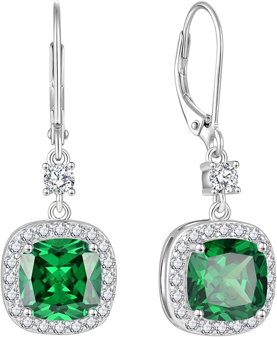 Women Leverback Earrings 925 Sterling Silver Princess Cut Halo Earrings Birthstone Dangle Drop Earrings for Women Her Mom Wife INPASNE