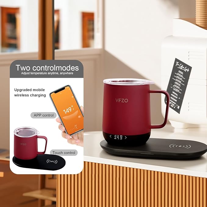 Temperature Control Smart Mug, Self Heating Coffee Mug LED Display, 180 Min Battery Life - Hot up to 149℉ Fast Wireless Charger Base Improved Design coffee serving sets (12oz, Burgundy) VFZO