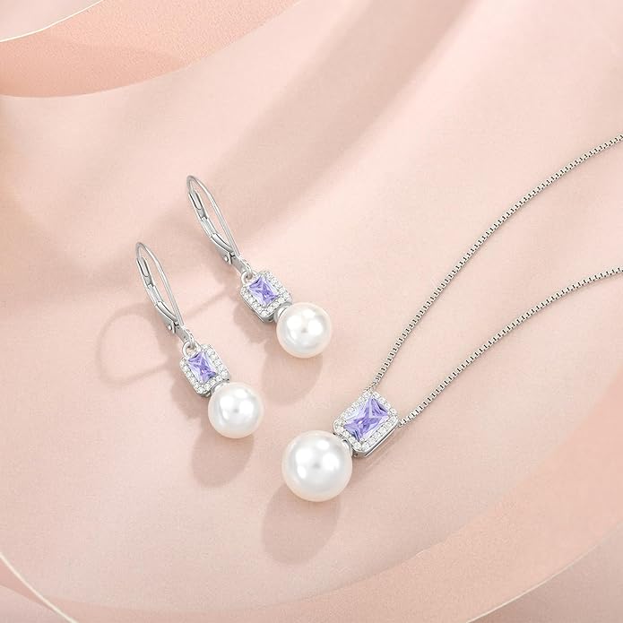 Pearl Drop Earrings Dangling 925 Sterling Silver Emerald Cut Leverback Earrings Birthstone Jewelry for Women INPASNE