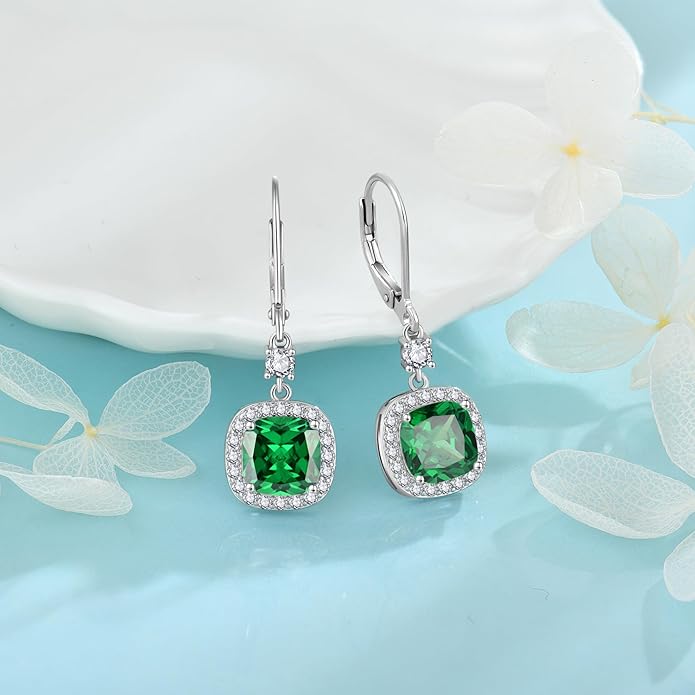 Women Leverback Earrings 925 Sterling Silver Princess Cut Halo Earrings Birthstone Dangle Drop Earrings for Women Her Mom Wife INPASNE