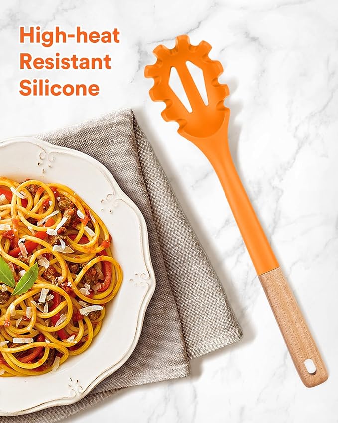 Silicone Pasta Fork, Kitchen Heat Resistant Noodle Spoon Server, BPA Free Spaghetti Strainer,12.8 inch (ORANGE) BADIANO