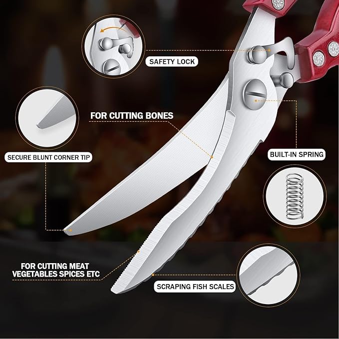 Poultry Shears, Red Heavy Duty Kitchen Shears with Serrated Edge, No Rust Spring Loaded, Multipurpose Stainless Steel Kitchen Scissors for Chicken Meat, Turkey, Fish, Christmas Gifts for Men Women DreamReach