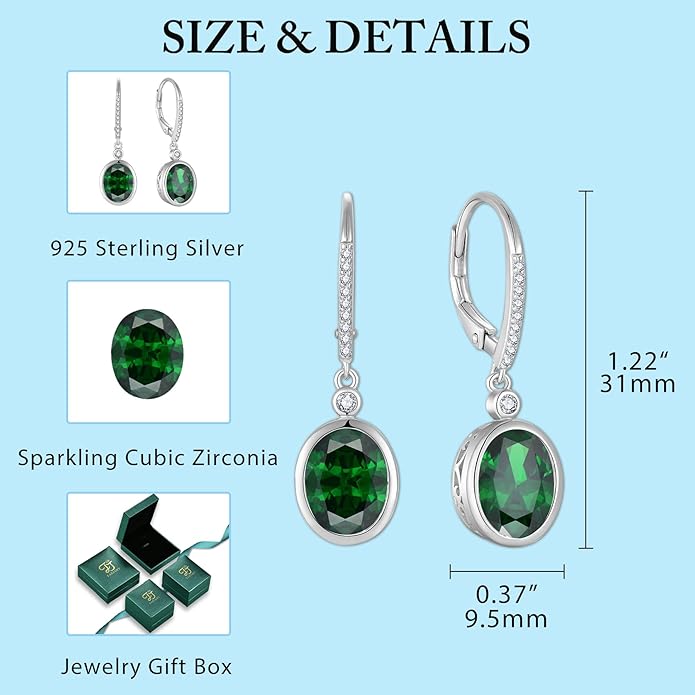 FJ Oval Cut Dangle Drop Earrings 925 Sterling Silver Leverback Earrings Birthstone Jewelry Gifts for Women FJ