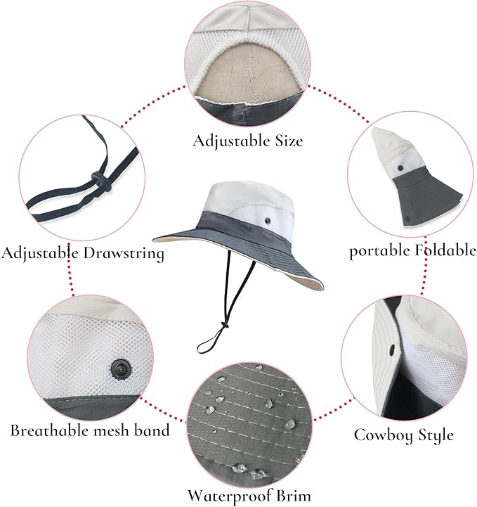 NPQQUAN Ponytail Sun Bucket Hats for Women Men Wide Brim UPF 50+ Fishing & Beach Hats NPQQUAN