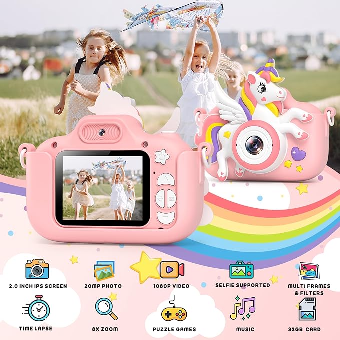 Kids Camera Toys Digital Camera for Girls Boys, Christmas Birthday Gifts for Kids Age 3-12, Selfie 1080P HD Video Digital Camera for 3 4 5 6 7 8 9 10 Year Old Girls with 32GB TF Card GREENKINDERKidsCamera