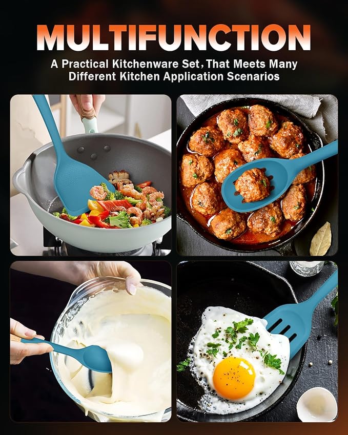 Silicone Cooking Utensils Set, Perfectly Angled for Frying, Mixing,Serving,Draining,Turning and Stirring, BPA-Free Matte Silicone, Wood Handles, Safe for Nonstick Cooking Surfaces,4 Pack (Blue) BADIANO