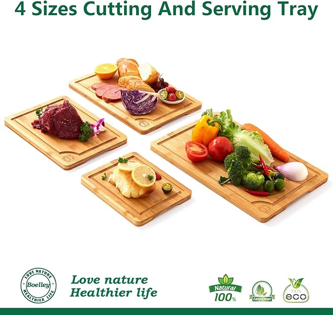 Durable Wooden Cutting Boards for Kitchen-Bamboo Cutting Board Set with Juice Groove-Charcuteries & Chopping Butcher Block for Meat,Vegetables,Fruits Serving ideas Home Cooks Kitchen Gift 11-Piece Boelley