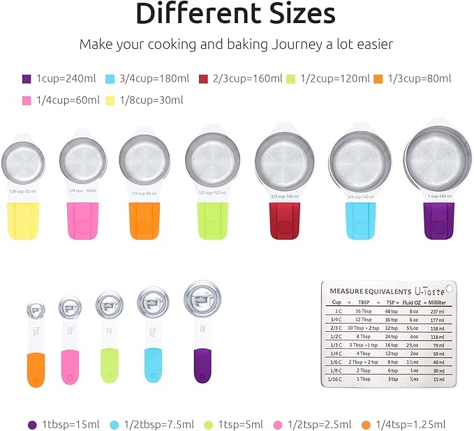 Measuring Cups, U-Taste Magnetic Measuring Cups and Spoons Set of 13 in 18/8 Stainless Steel: 7 Measuring Cups and 5 Measuring Spoons with 1 Professional Magnetic Measurement Conversion Chart U-Taste