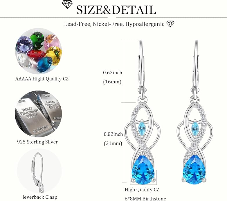 Infinity Butterfly Earrings 925 Sterling Silver Birthstone Dangle Drop Leverback Earrings Cubic Zirconia Hypoallergenic Jewelry Birthday Christmas Gifts for Women Mother Wife Her FYNSBLE