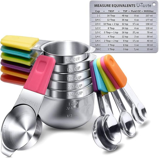Measuring Cups, U-Taste Magnetic Measuring Cups and Spoons Set of 13 in 18/8 Stainless Steel: 7 Measuring Cups and 5 Measuring Spoons with 1 Professional Magnetic Measurement Conversion Chart