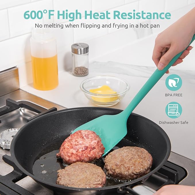 U-Taste 600ºF Heat Resistant Silicone Turners: 13.6in Long Solid & Slotted Kitchen Spatula Flipper, Wide and Large Flexible Cooking Utensil for Flipping Egg, Pancake, Cookie (Aqua Sky, 2PCS) U-Taste