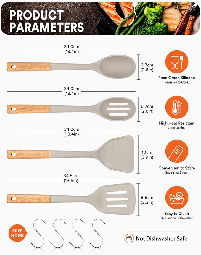 Silicone Cooking Utensils Set, Perfectly Angled for Frying, Mixing,Serving,Draining,Turning and Stirring, BPA-Free Matte Silicone, Wood Handles, Safe for Nonstick Cooking Surfaces,4 Pack (Khaki) BADIANO