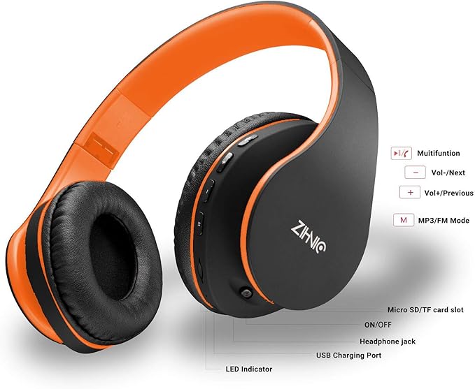 ZIHNIC Bluetooth Headphones Over-Ear, Foldable Wireless and Wired Stereo Headset Micro SD/TF, FM for Cell Phone,PC,Soft Earmuffs &Light Weight for Prolonged Wearing(Black/Orange) ENJOYMUSICLIFEWITHZIHNICHEADPHONES