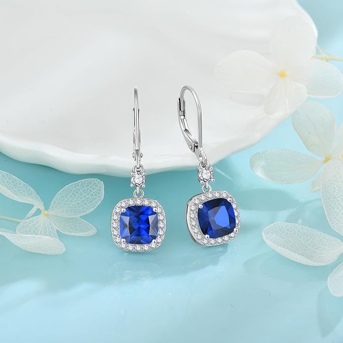 Women Leverback Earrings 925 Sterling Silver Princess Cut Halo Earrings Birthstone Dangle Drop Earrings for Women Her Mom Wife INPASNE