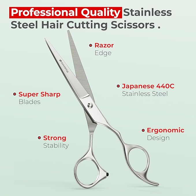 Suvorna Professional Hair Cutting Scissors - 6" Stainless Steel Barber Shears for Hair Cutting and Trimming - Razor Sharp Haircut Scissors for Hairdressers & Barbers - Hair Shears for Women and Men Suvorna-beautifuleveryday