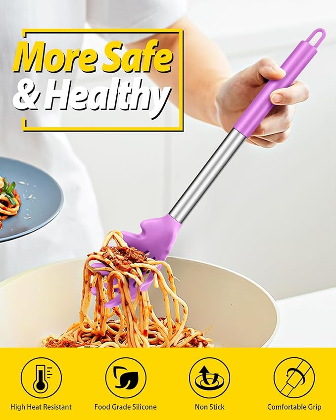 Silicone Pasta Fork and Ladle Spoon Set, Large Non Stick Kitchen Utensils for Cooking,Stirring,Serving Spaghetti, Soup, Sauce (PURPLE) BUNDLEPRO
