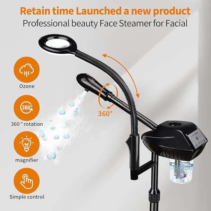 Facial Steamer for Ozone Humidifier Atomizer Attach 5× Magnifier and Light, Professional Face Steamer Clean Skin Firming Pores and Moisturizing Suitable for a Beauty, Spa, at Home BeautyPersonalCare