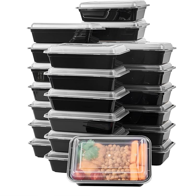 FULING 50 Pack Meal Prep Plastic Food Storage Containers With Lids 28 oz 1 Compartment Black Rectangular Reusable To Go Lunch Prepping Boxes BPA-Free Microwavable Freezer Dishwasher Safe Stackable FULING