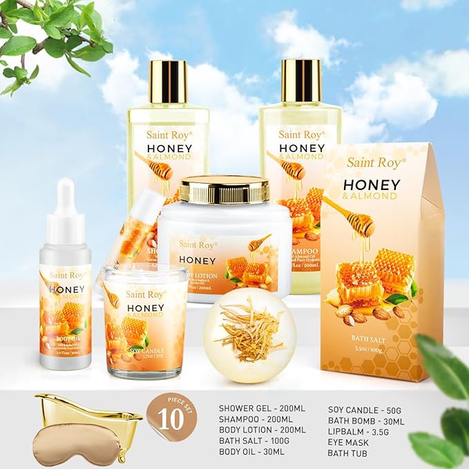 Christmas Gifts for Women Bath & Body Gift Set, Luxury Home Spa Bath Gift Basket, Honey Almond Scented Bath Set, Pamper Gifts Birthday gifts & Teens, Spa Kit Gift, Home Spa Gifts for Men Dad SaintRoy