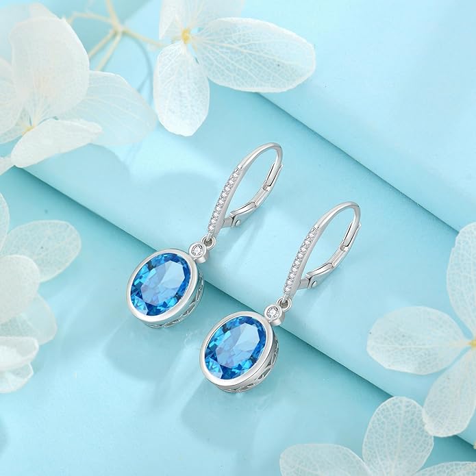 FJ Oval Cut Dangle Drop Earrings 925 Sterling Silver Leverback Earrings Birthstone Jewelry Gifts for Women FJ