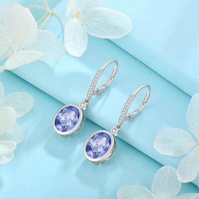 FJ Oval Cut Dangle Drop Earrings 925 Sterling Silver Leverback Earrings Birthstone Jewelry Gifts for Women FJ