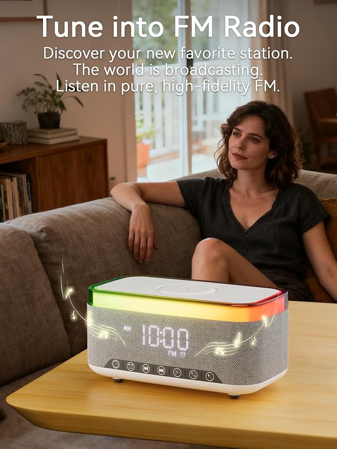Bluetooth Speaker Alarm Clock with 10w Fast Wireless Charger for iPhone Samsung, 10W Stereo Bluetooth Speaker, 12-Color Night Light, White Noise Machine Digital Clock with FM Radio for Bedroom REATSOC
