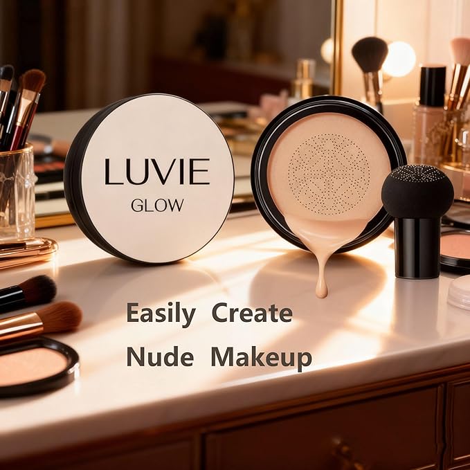 2026 Luvie Glow Foundation Cushion, Mushroom Head Air Cushion CC Cream,Long Lasting Matte Concealer for All Skin Types (WARM) Kick Boosters